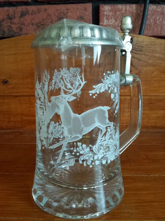 Running Deer glass stein with pewter lid